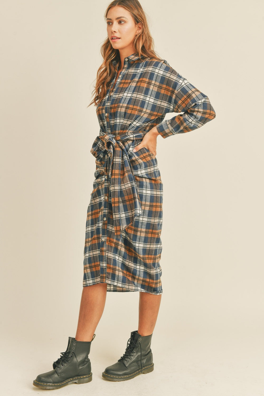 Women's Mable Plaid Flannel Button Down Tie Shirt Dress - Trendy & Versatile