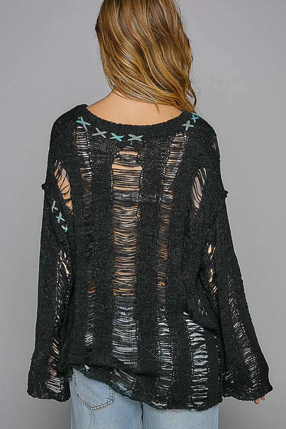 POL Distressed Drop Shoulder Long Sleeve Knit Top for Avant-Garde Style