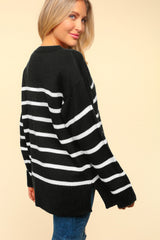 Haptics Full Size Striped Contrast Side Slit Sweater - Stylish & Versatile Knitwear