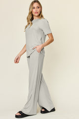 Women's Basic Style Two-Piece Set: Round Neck T-Shirt & Wide Leg Pants