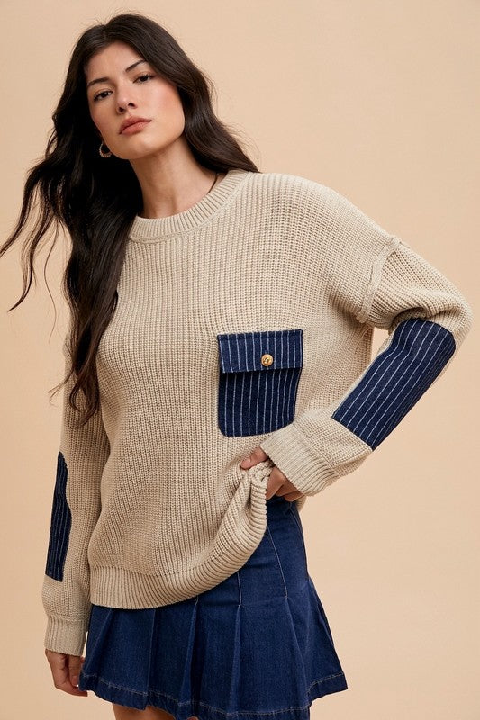 Stylish Annie Wear contrast round neck drop shoulder sweater with patch pocket and denim accents, perfect for casual outfits.