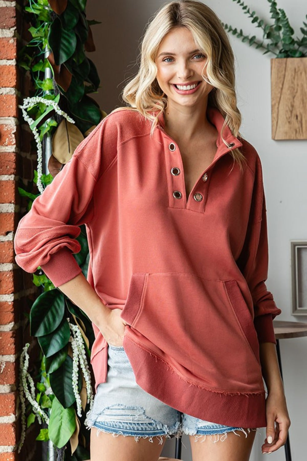 Chic Women's Grommet Split Neck Sweatshirt with Kangaroo Pocket - First Love
