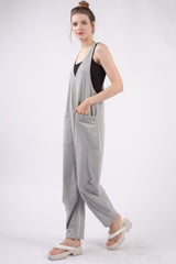 VERY J Women's Plunge Sleeveless Jumpsuit with Pockets - Trendy & Versatile