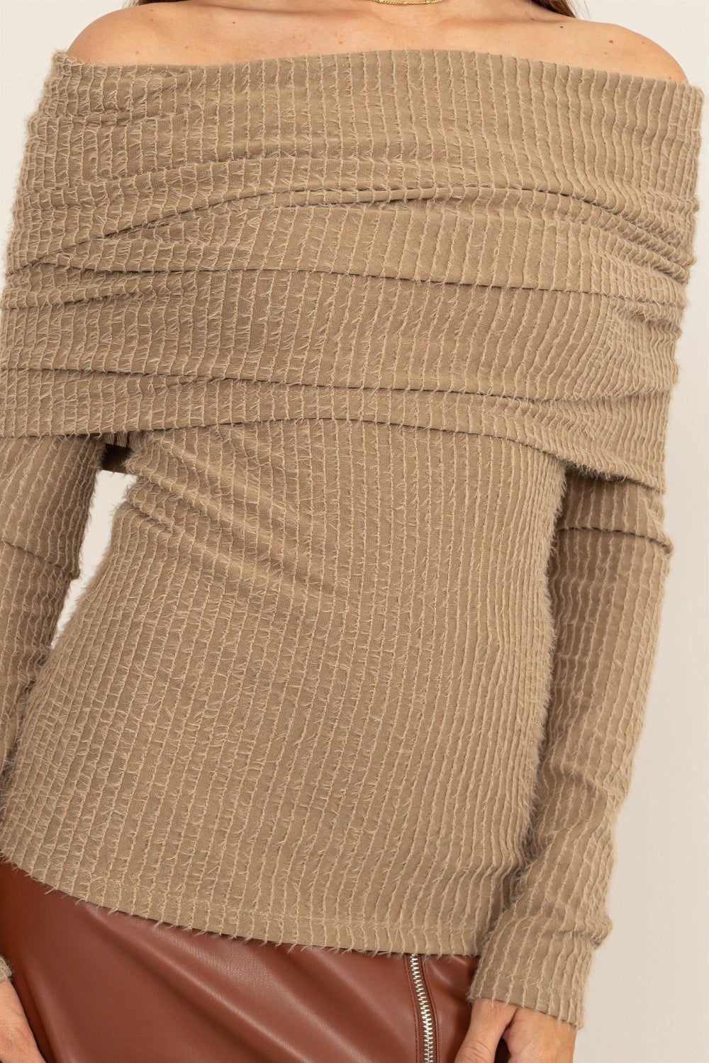 HYFVE Women's Fuzzy Off-Shoulder Textured Knit Top - Chic & Versatile