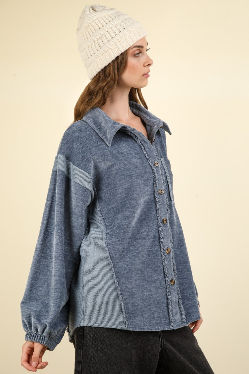 VERY J Women's Mixed Media Raw Hem Shacket - Stylish Oversized Button Down Jacket