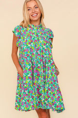Haptics Frilled Mock Neck Ditsy Floral Dress with Tiered Design & Pockets