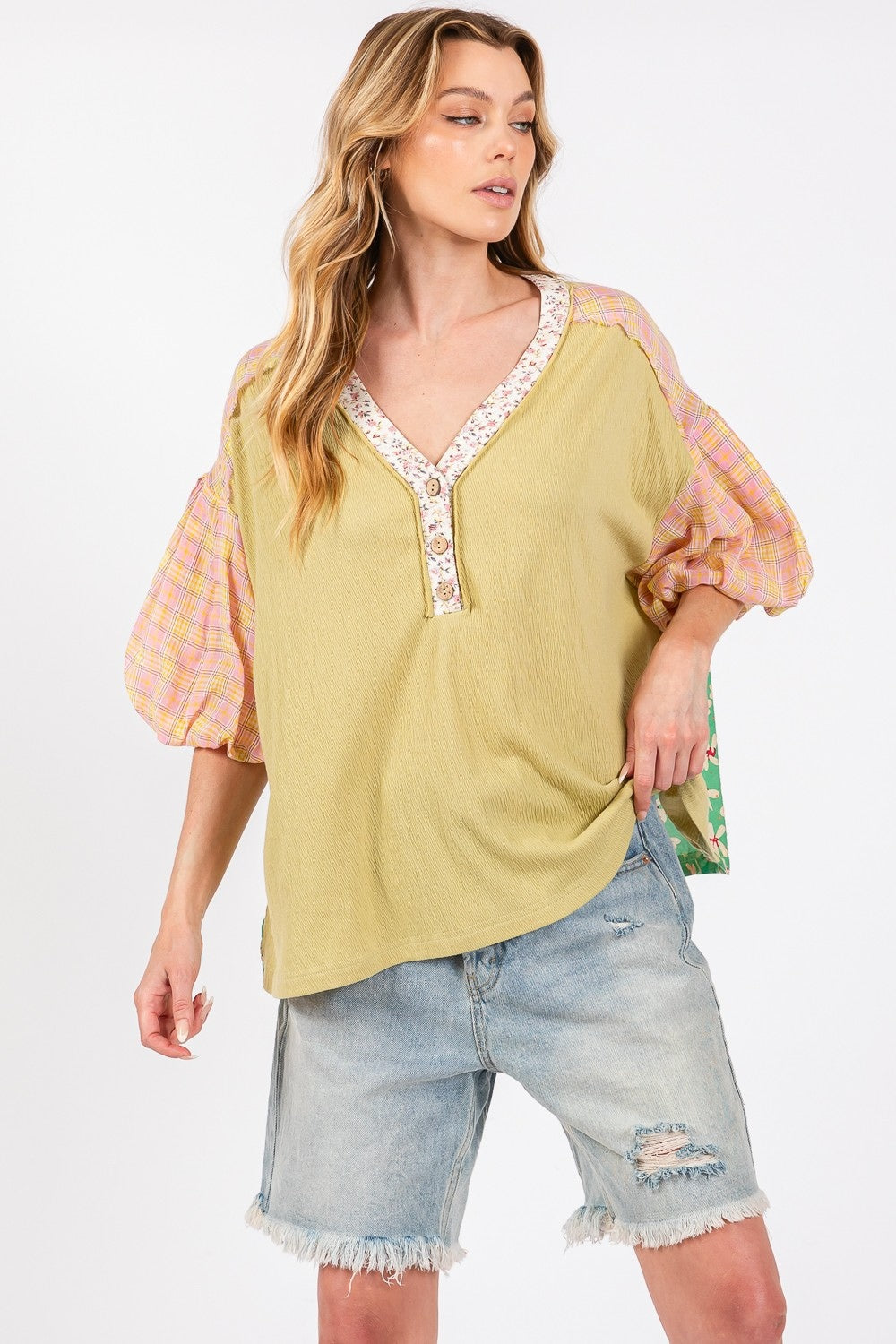 SAGE + FIG Women's Color Block Bubble Sleeve Top - Trendy & Vibrant