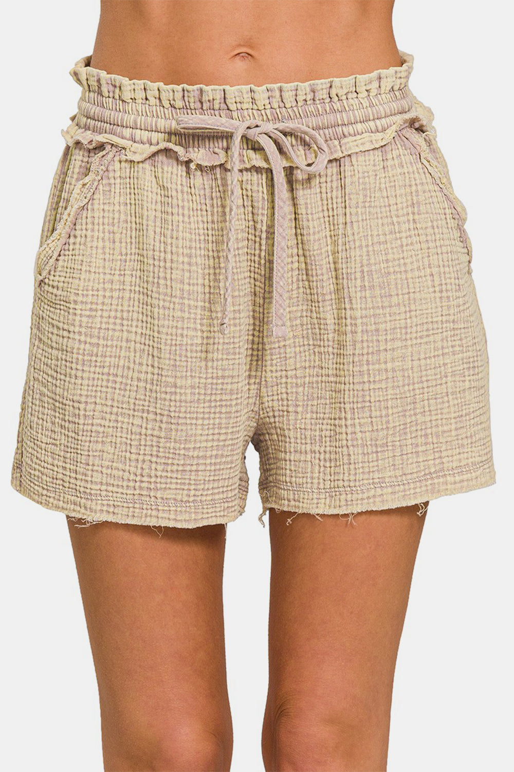 Zenana Women's Washed Frayed Hem Drawstring Cotton Shorts