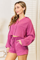 Basic Bae Cotton Buttoned Long Sleeve Top & Shorts Set - Trendy Two-Piece Outfit