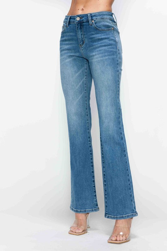 Full size bootcut jeans in light wash denim, featuring a mid-rise waist and flattering fit for versatile styling.