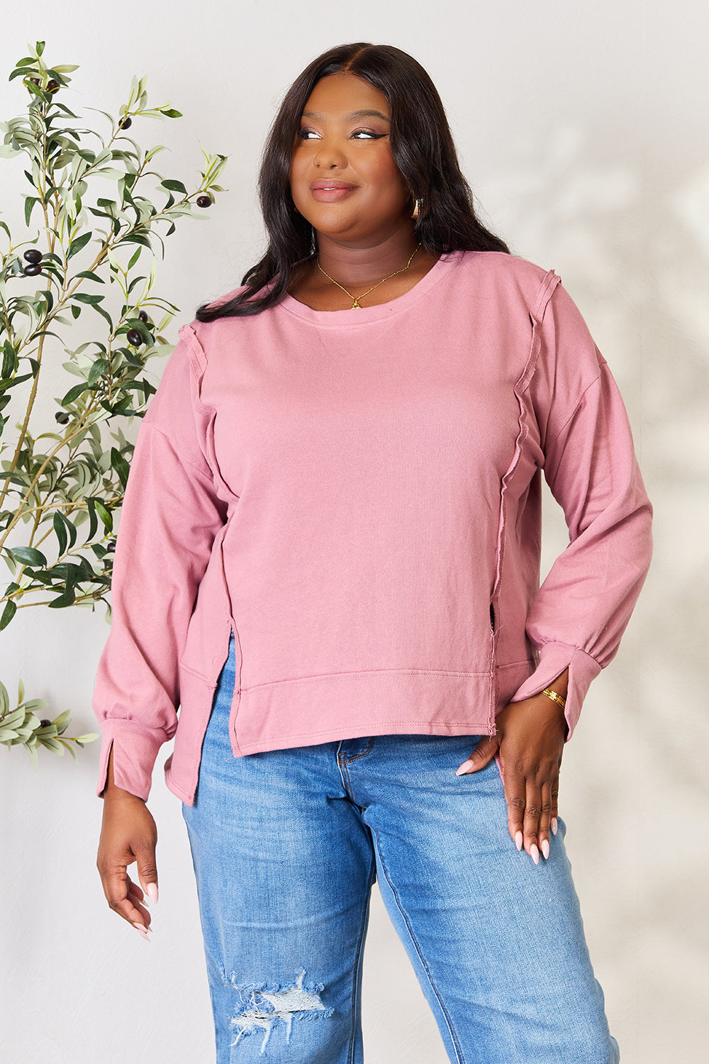 Culture Code Round Neck Exposed Seam Slit Top - Versatile & Comfortable