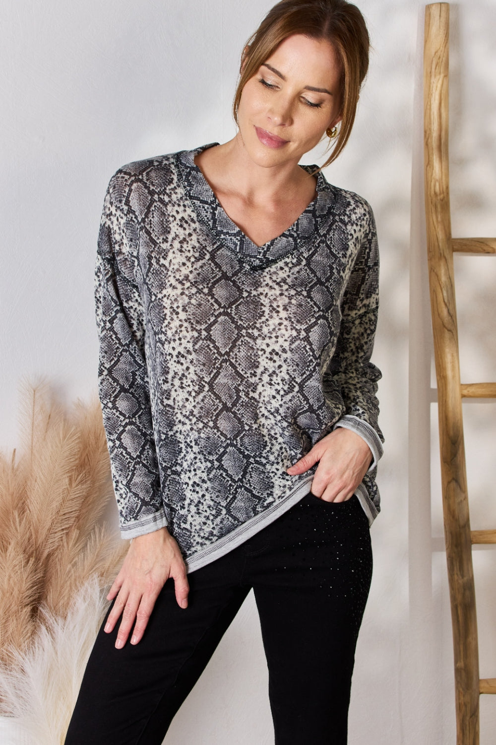 Hailey & Co Full Size Snakeskin V-Neck Long Sleeve Top - Bold & Trendy Women's Fashion