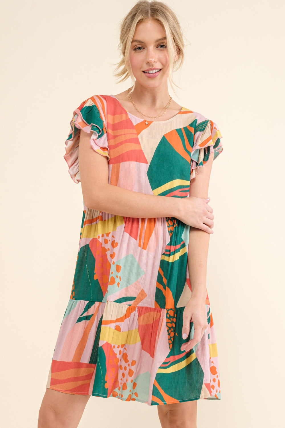 And The Why Printed Double Ruffle Sleeve Dress - Flirty & Feminine Style