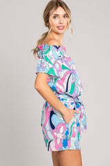 Cotton Bleu Abstract Print Tie Front Shorts with Adjustable Fit and Pockets