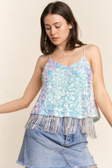 J.NNA Sequin Tassel Hem Flowy Cami - Elegant Festive Women's Top
