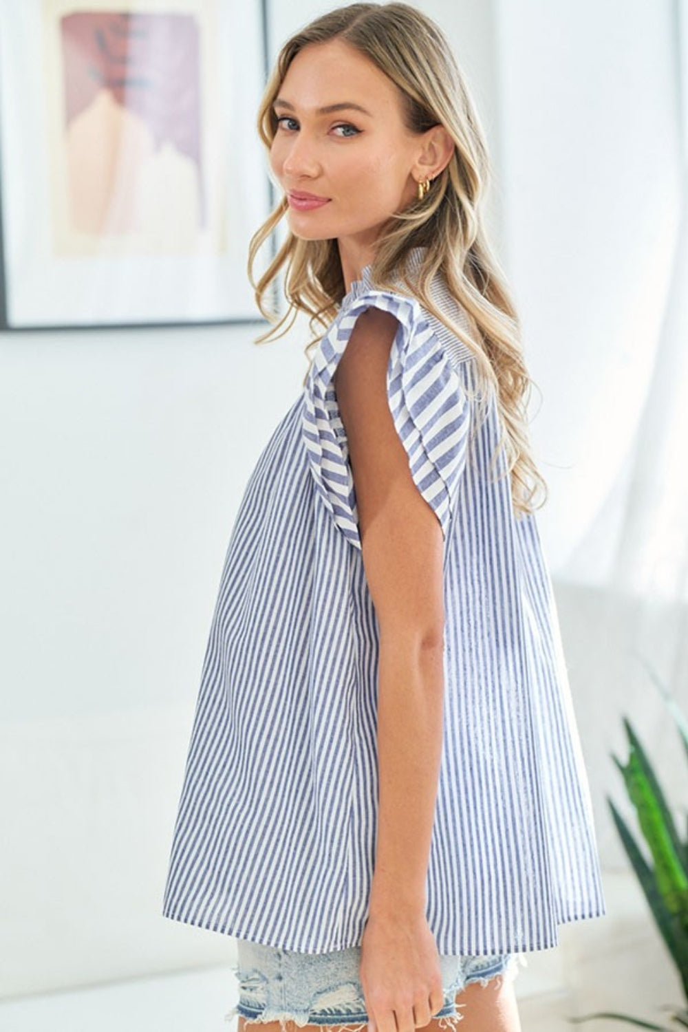 First Love Women's Striped Flutter Sleeve Blouse - Trendy Multi-Striped Top