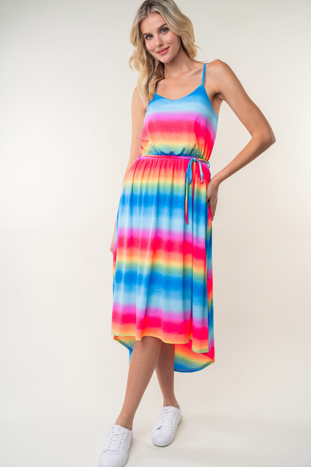 White Birch Ombre Striped Midi Cami Dress with High-Low Hem and Pockets