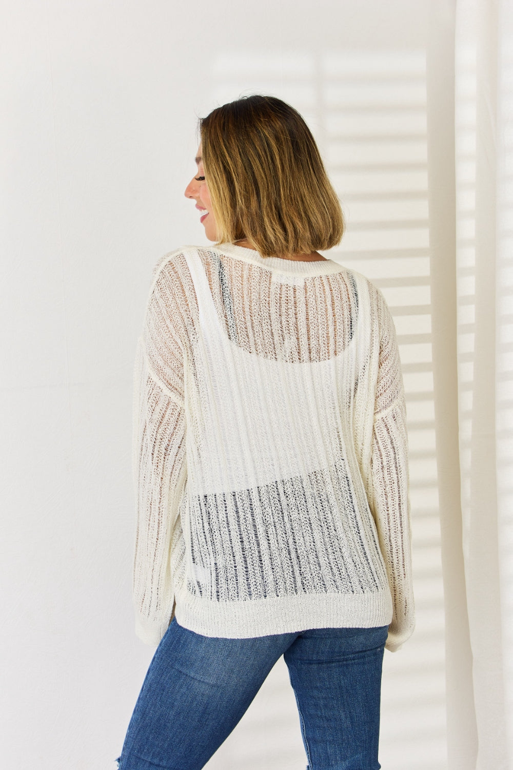 HYFVE Women's Openwork Knit Top with Ribbed Trim - Long Sleeve