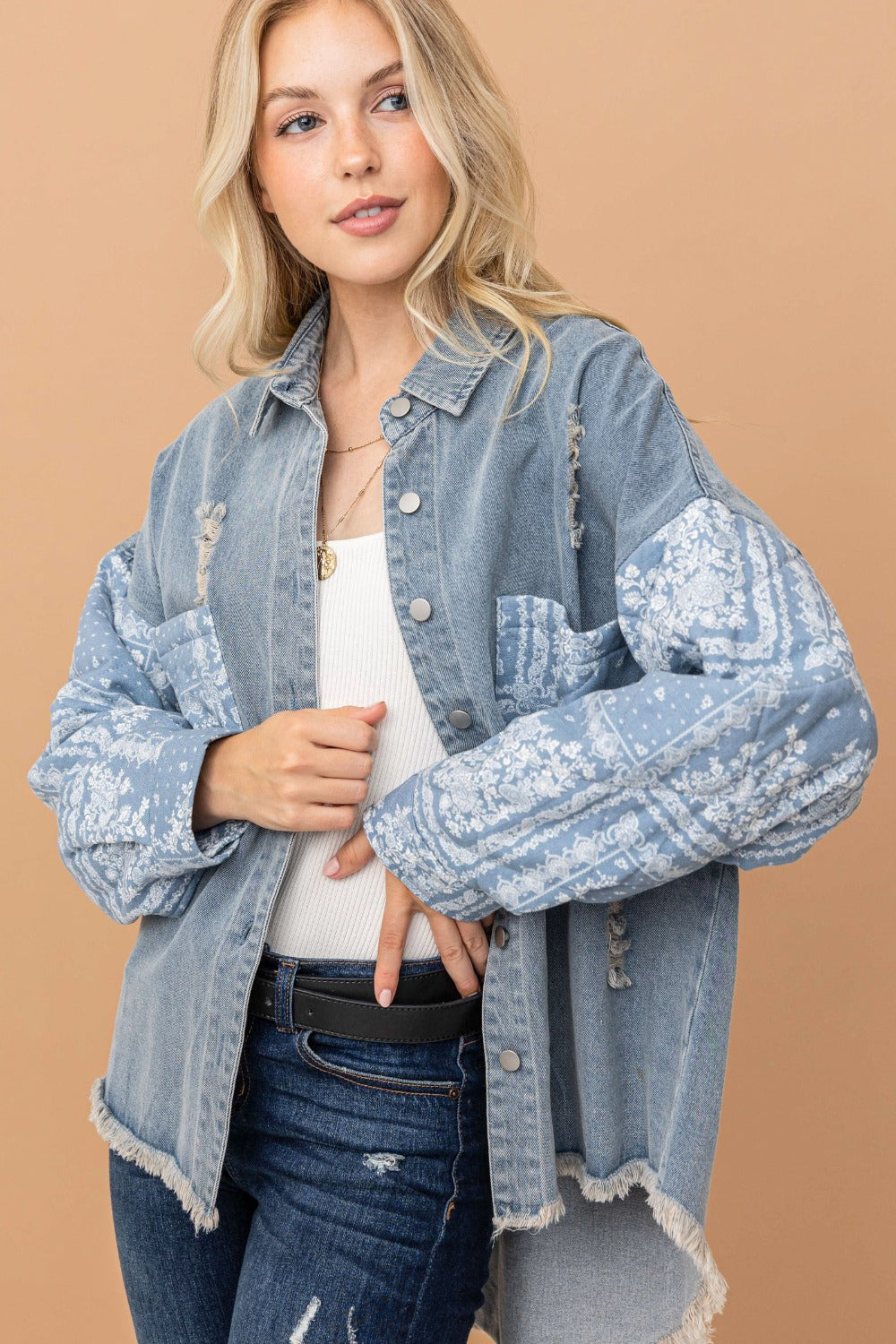 Trendy Paisley Print Quilted Sleeve Denim Jacket - And The Why