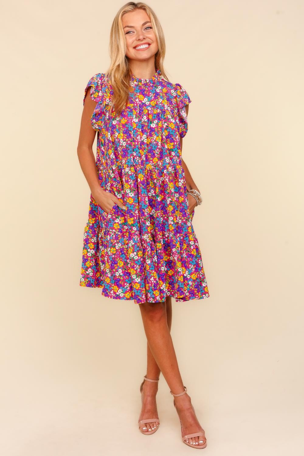 Haptics Frilled Mock Neck Ditsy Floral Dress with Pockets