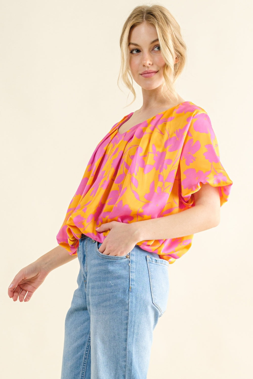 Trendy Printed Satin Bubble Hem Top by And The Why - Chic & Versatile Fashion