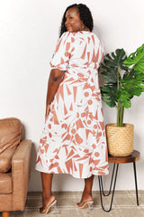 Elegant Printed Surplice Balloon Sleeve Midi Dress for Day & Night