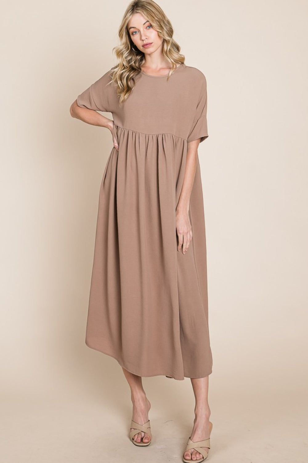 Chic BOMBOM Round Neck Ruched Midi Dress - Versatile Fashion