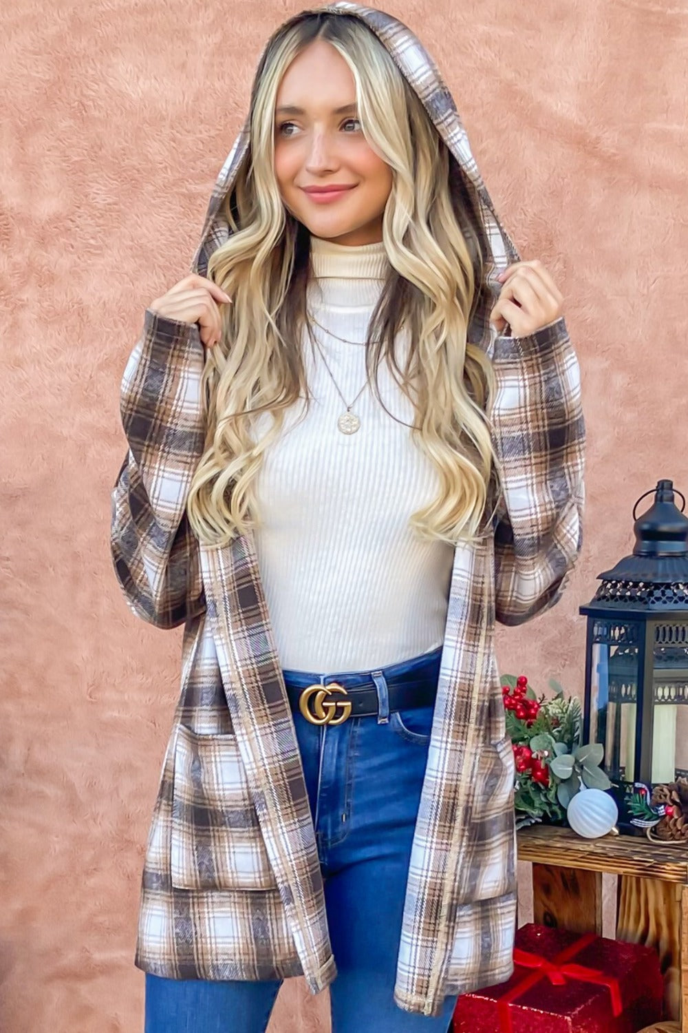 And The Why Plaid Hooded Shacket - Stylish Open Front Layer