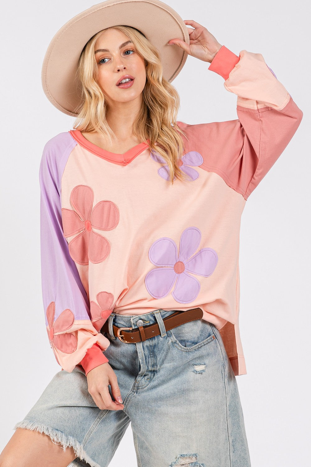 SAGE + FIG Daisy Applique Color Block Long Sleeve Cotton Top
