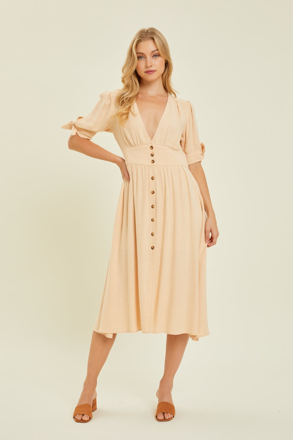HEYSON Full Size Textured Linen V-Neck Button-Down Midi Dress with Pockets