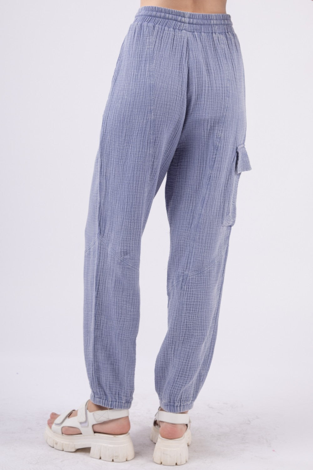 VERY J Women's Washed Crinkle Gauze Cargo Pants with Drawstring