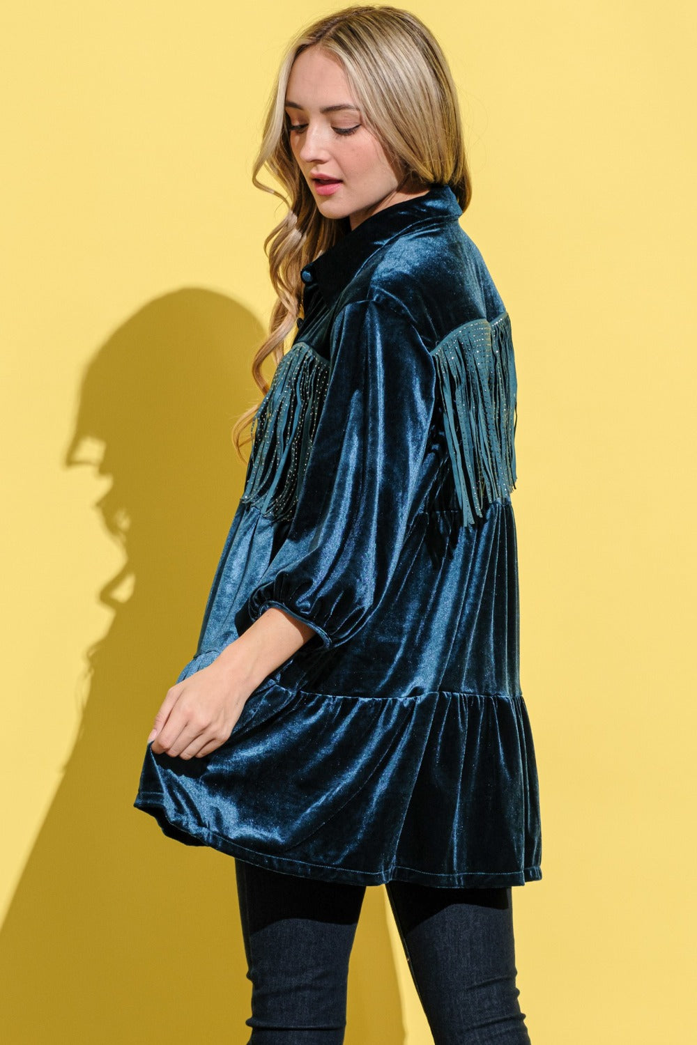 Fringe Detailed Velvet Shirt Dress by And The Why - Luxurious & Stylish