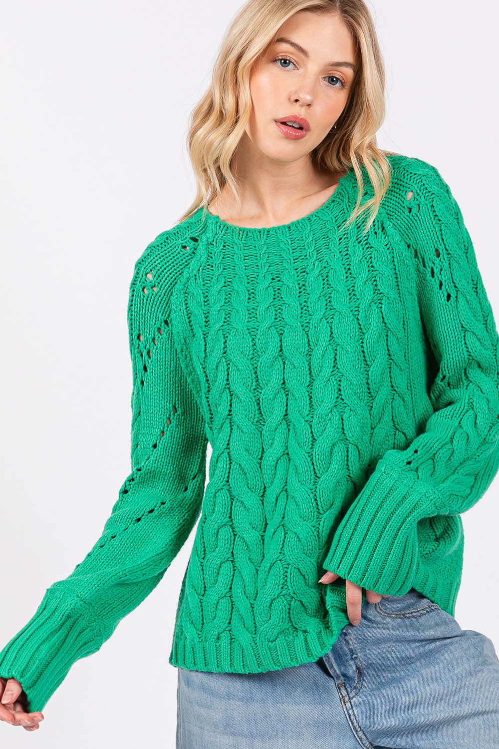 SAGE + FIG Women's Oversized Cable-Knit Long Sleeve Sweater with Ribbed Cuffs