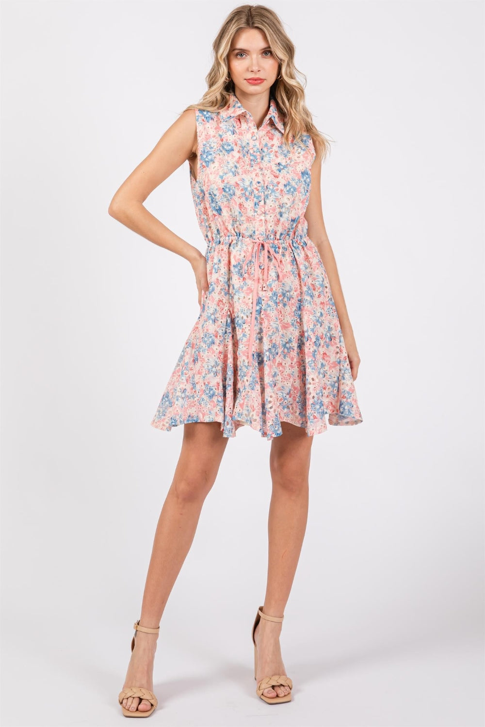 GeeGee Full Size Floral Eyelet Sleeveless Mini Dress - Romantic Summer Style
