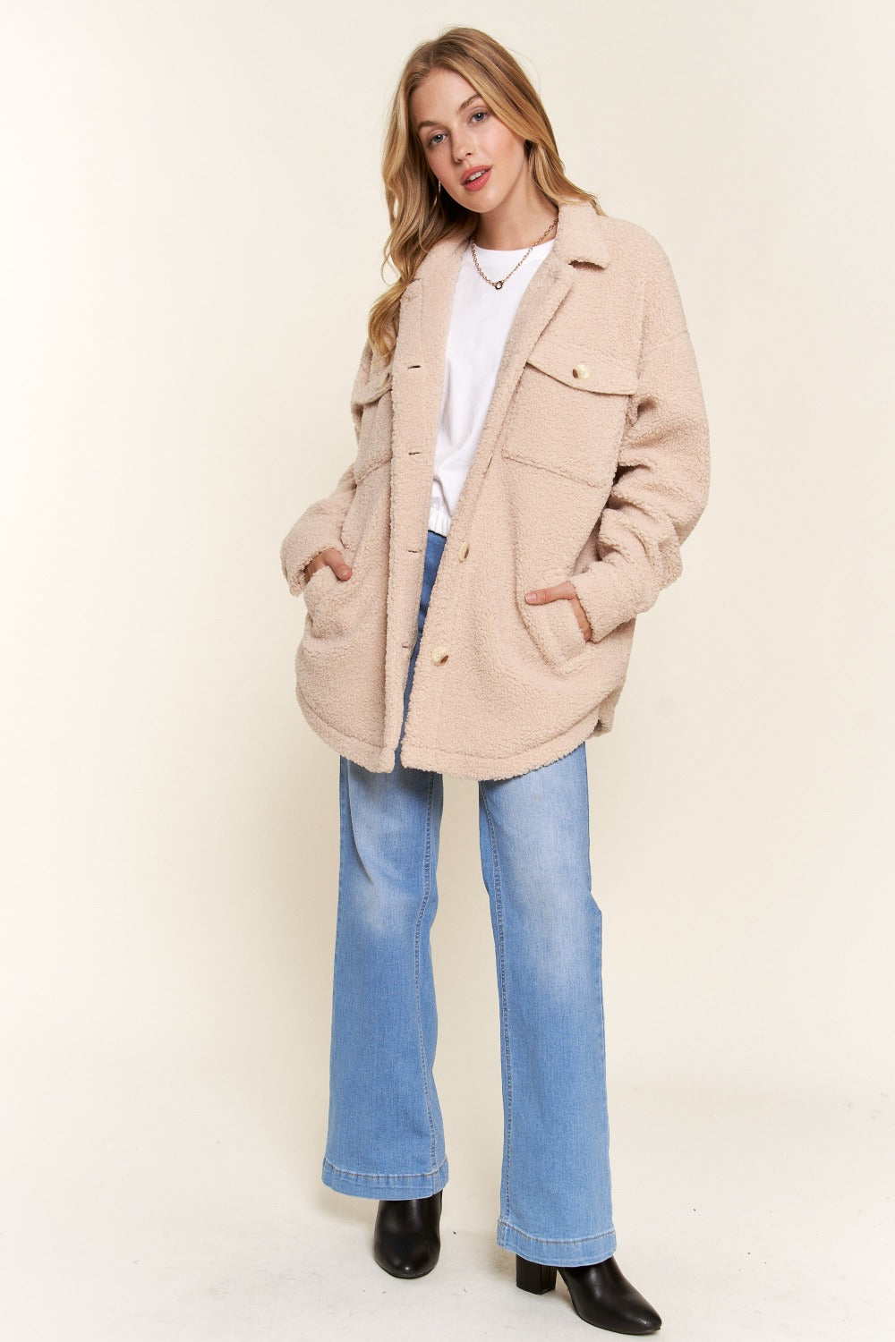 Cozy Teddy Sherpa Button-Down Shacket with Curved Hem - And The Why