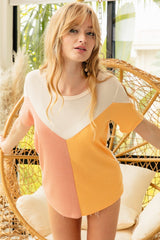 BiBi Women's Round Neck Color Block Short Sleeve T-Shirt - Stylish & Comfortable