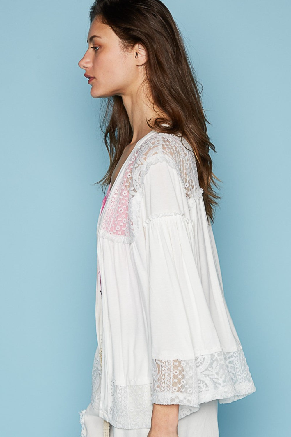 POL Women's Open Front Lace Detail Cardigan - Chic Oversized Fit with Bell Sleeves