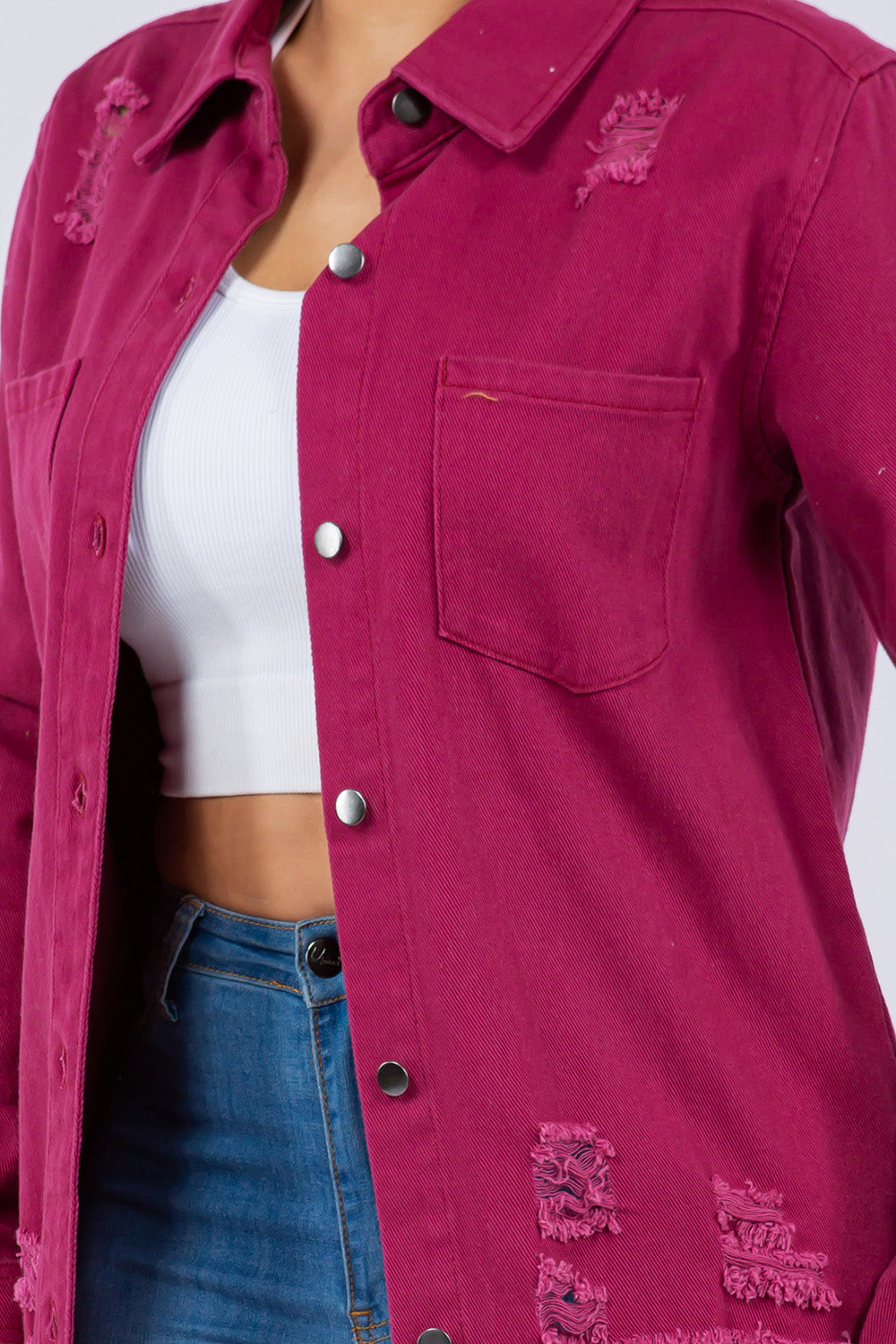 American Bazi Women's Distressed Denim Jacket - Button Up Long Sleeve