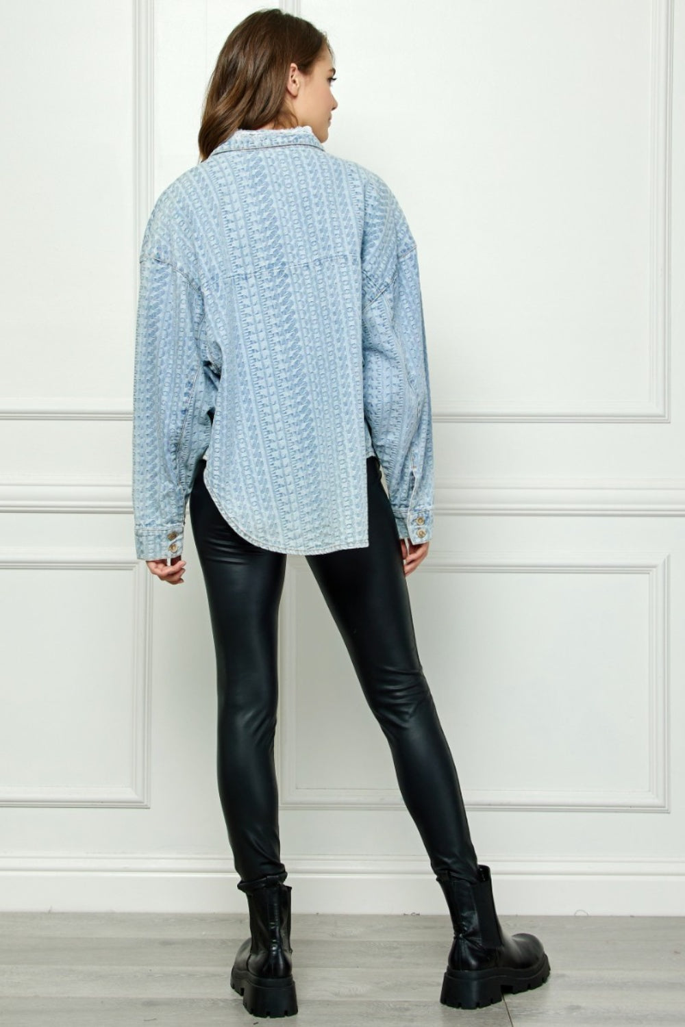 Veveret Relaxed Fit Button-Up Denim Top with Dropped Shoulders