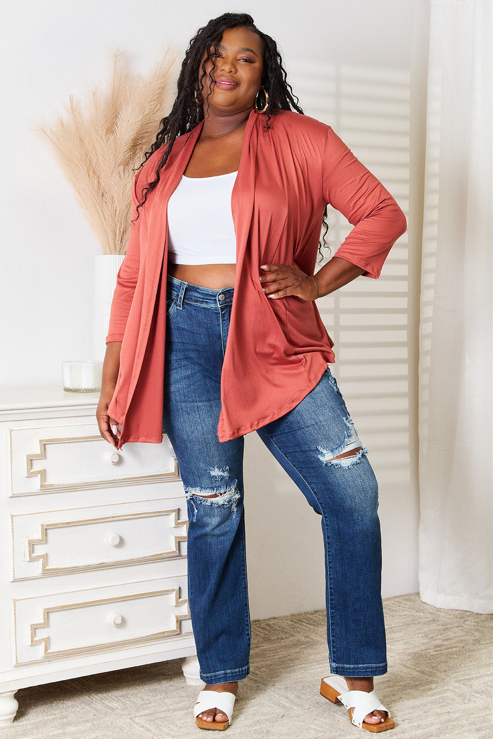 Culture Code Elegant Open Front Cardigan with Draped 3/4 Sleeves
