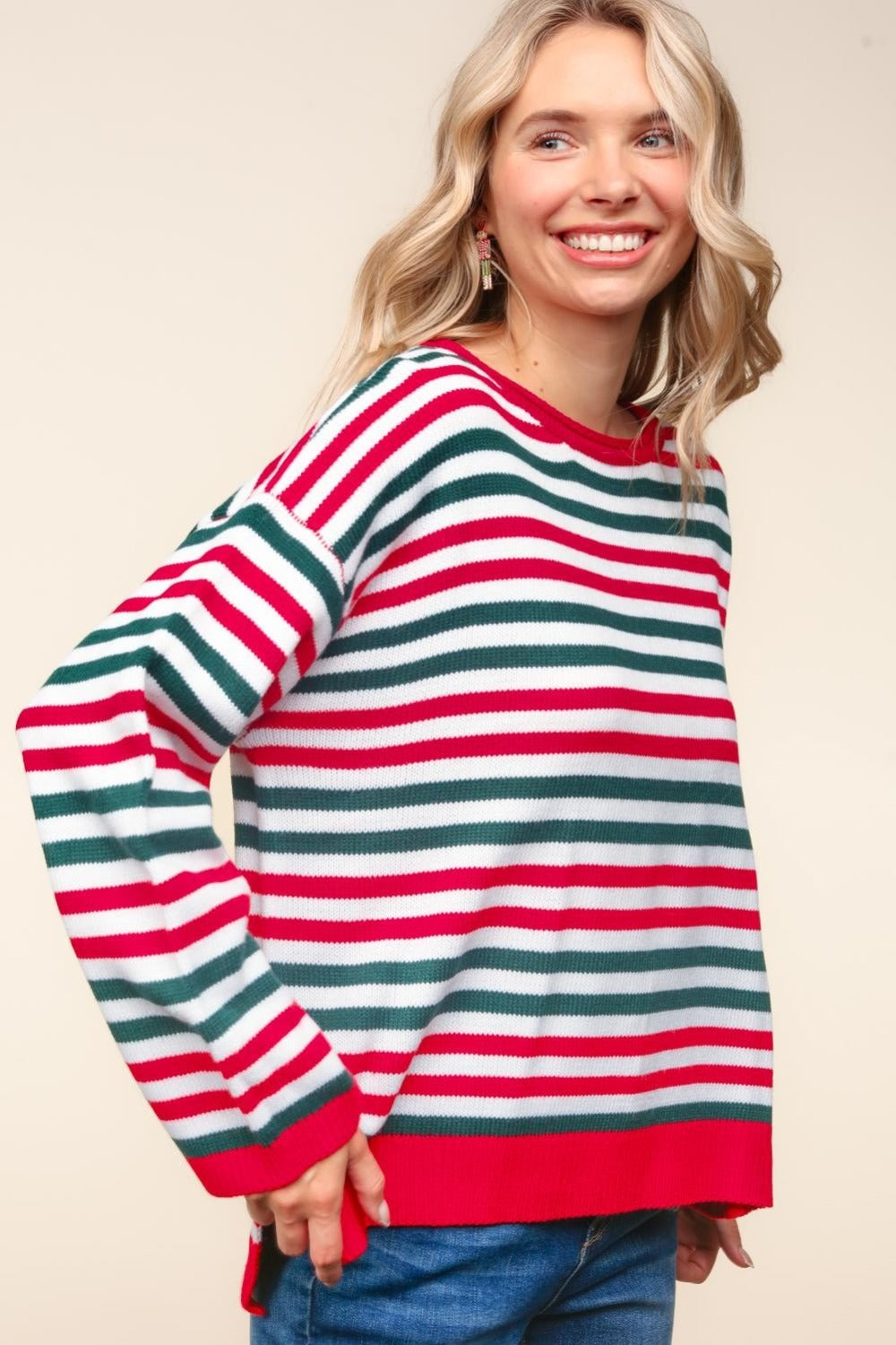 Haptics Women's Full Size Striped Knit Top with Contrast Side Slits