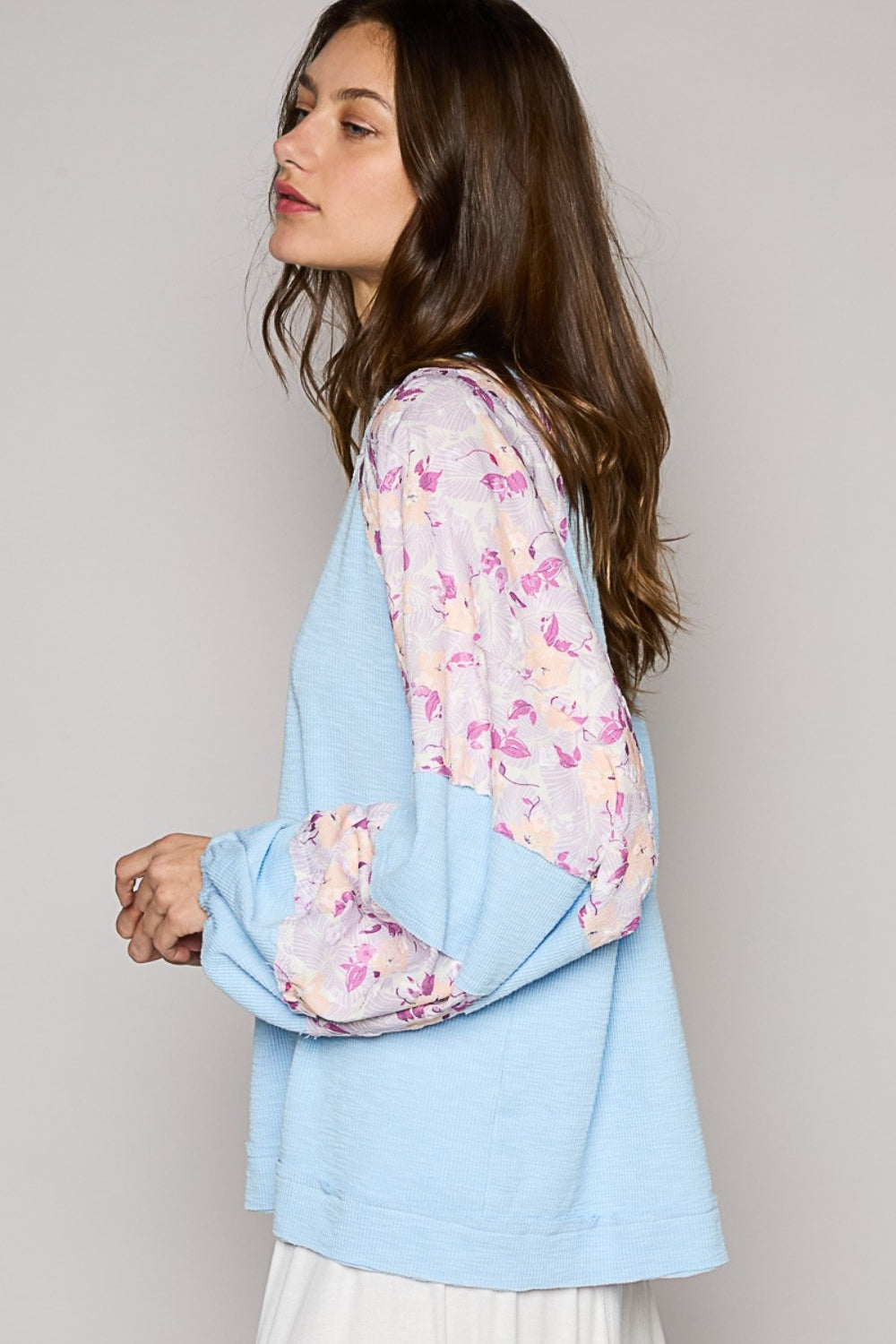 Floral Balloon Sleeve Round Neck Top - Elegant Women's Fashion