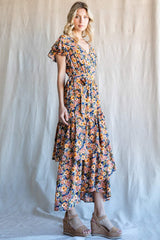 Cotton Bleu Floral Ruffled Midi Dress by Nu Label - Elegant Women's Clothing