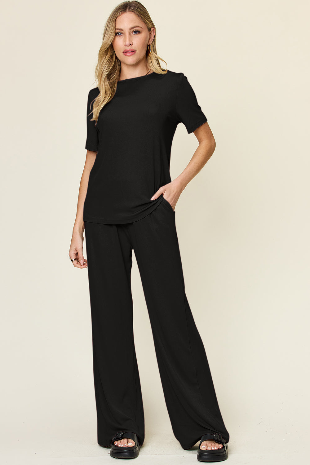 Women's Basic Style Two-Piece Set: Round Neck T-Shirt & Wide Leg Pants