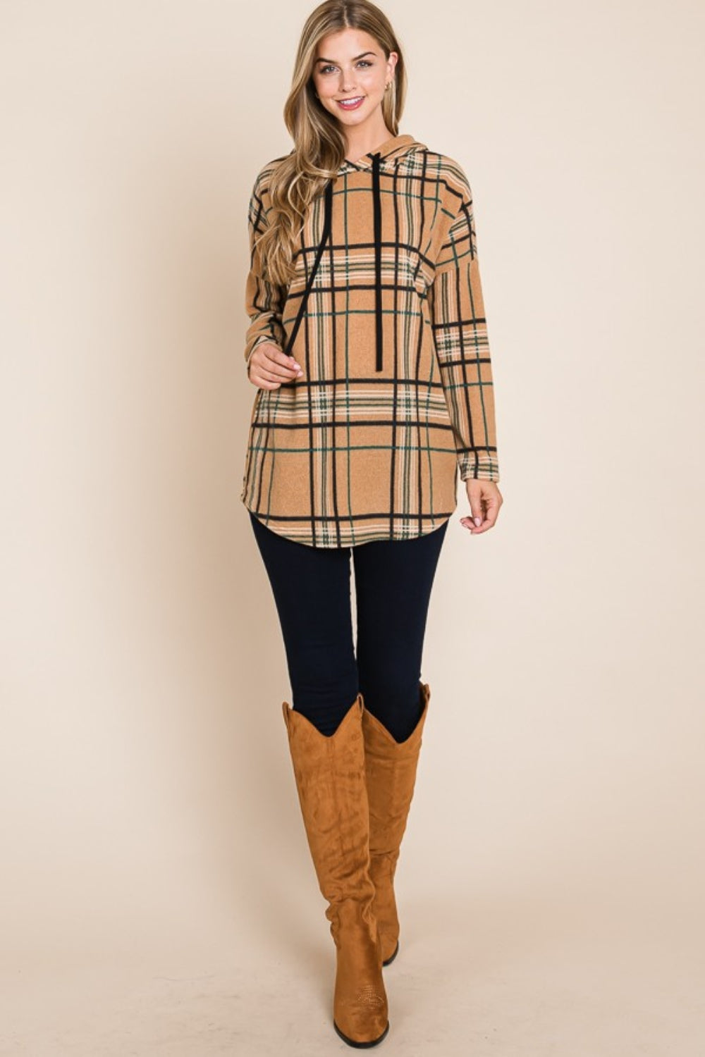 BOMBOM Women's Plaid Drawstring Long Sleeve Hoodie - Cozy & Stylish