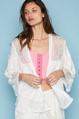 POL Women's Open Front Lace Detail Cardigan - Chic Oversized Fit with Bell Sleeves