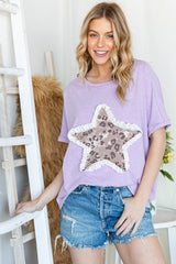 HOPELY Leopard Star Patch Women’s Short Sleeve T-Shirt - Trendy Casual Wear