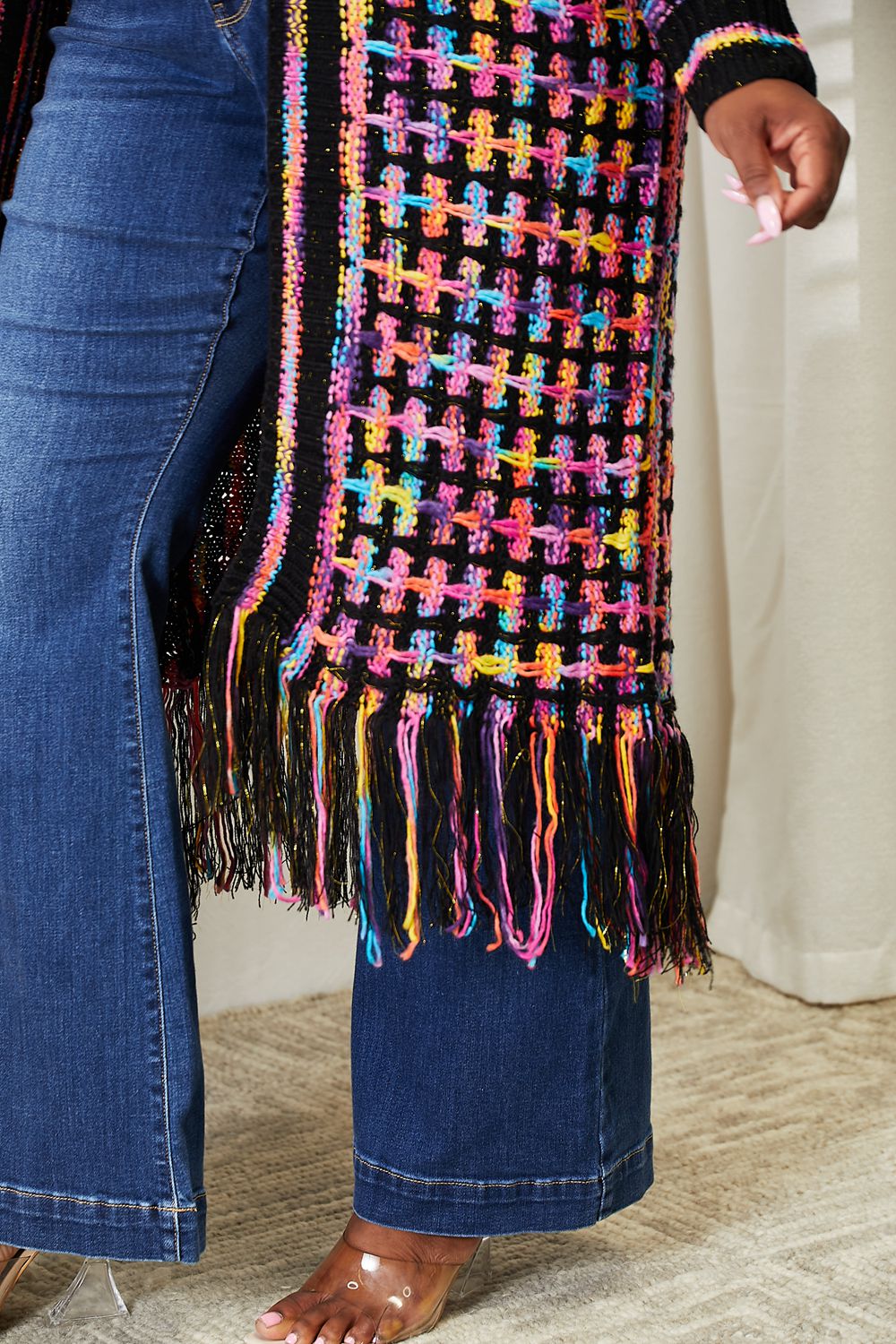 Full Size Colorful Fringe Hem Cardigan - Boho Chic Layering Piece