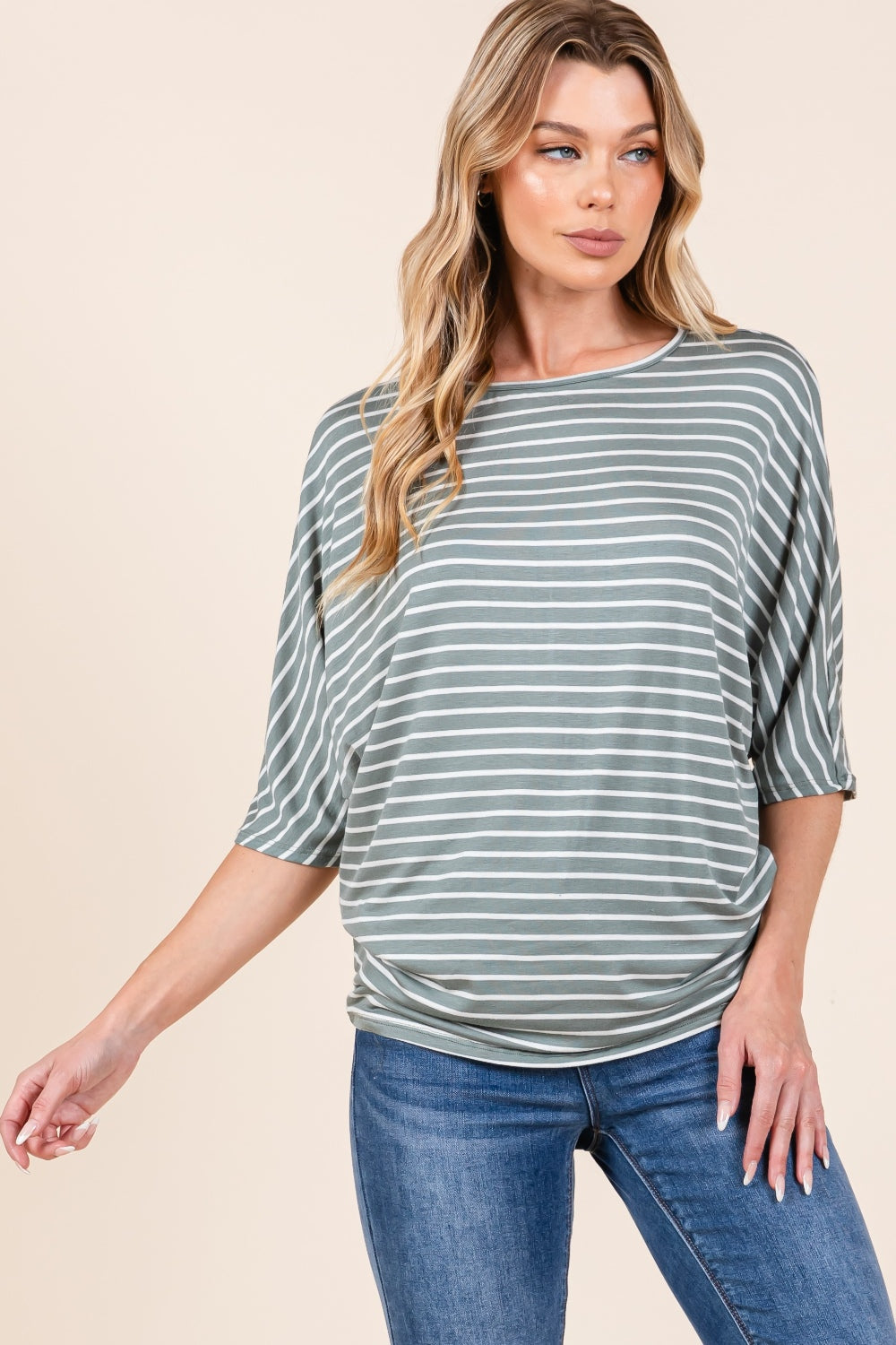 BOMBOM Women's Striped Boat Neck Dolman Sleeve Top - Elegant, Versatile, and Comfortable