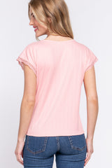 ACTIVE BASIC Women's Lace Trim V-Neck Short Sleeve Ribbed Top